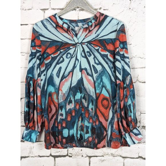 CHICO'S Cuff Sleeve Butterfly Top Colorful Artsy Casual Career Size 1 (8/10) - Picture 2 of 11